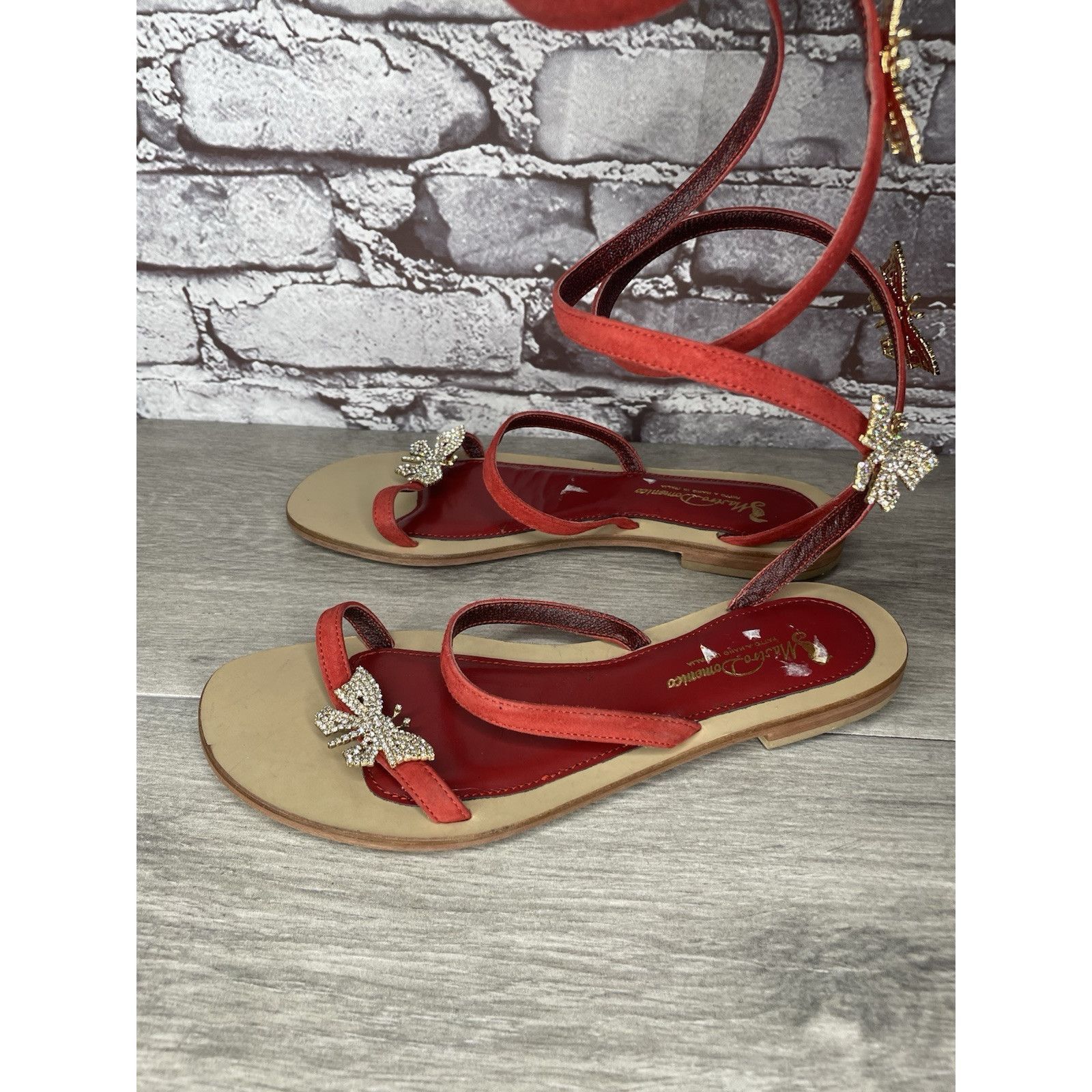 Other Mastro Domenico Red Leather Butterfly Rhinestone Wrap Around Size US 7.5 / IT 37.5 - 2 Thumbnail