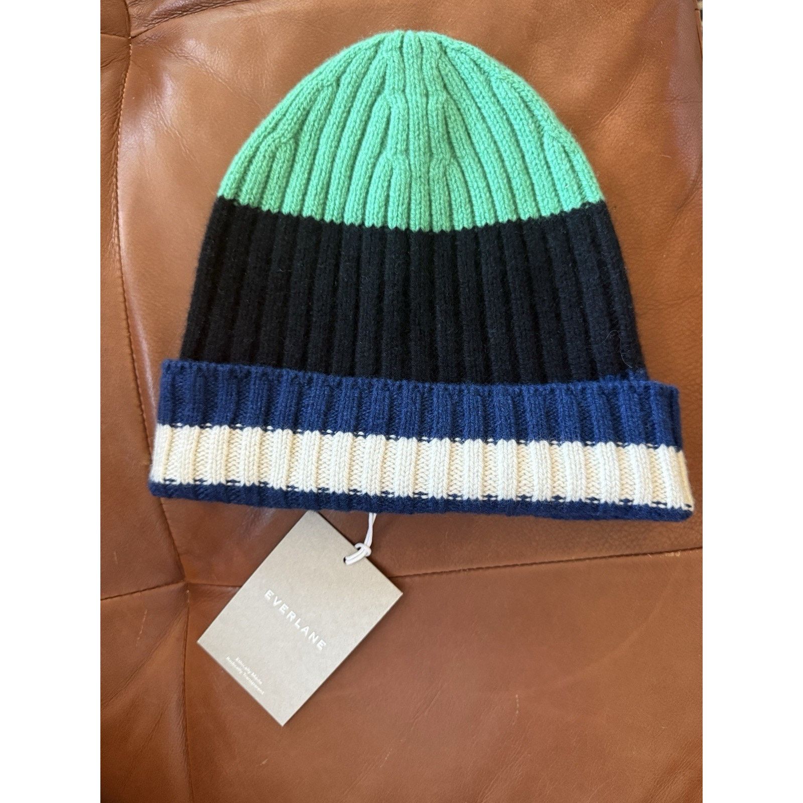 Everlane NWT EVERLANE Beanie Hat Cashmere Wool Striped Green Blue OS Size ONE SIZE - 3 Thumbnail
