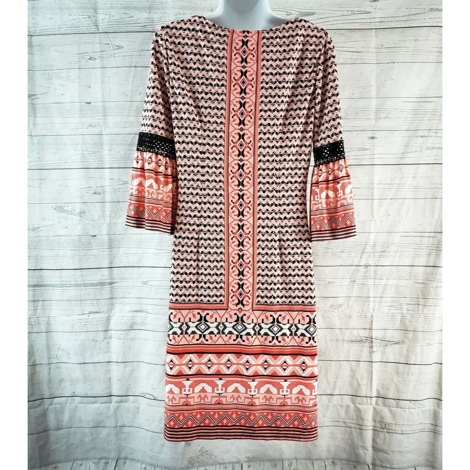 Bell Wisp Dress Womens Sz 6 Pink Black Chevron Printed 3/4 Bell Sleeve Knee Length Size M / US 6-8 / IT 42-44 - 4 Thumbnail