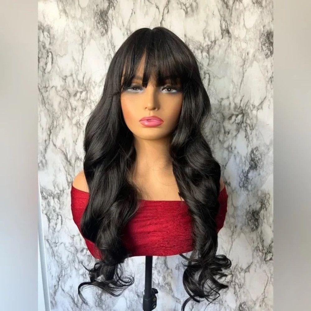 26 Inch Long Wave Curly Black Wig with Bangs density 200%