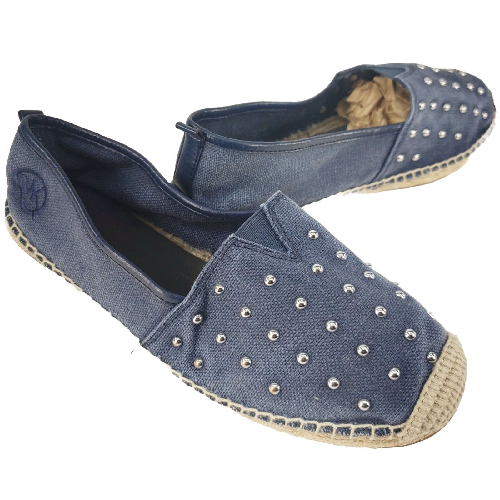 Michael Kors VINTAGE? Michael Kors Women's Denim Espadrille Flats 6.5 Blue Denim Flat Cushioned Studded Silver Beads Shoes Womens Size US 7 / IT 37 - 2 Thumbnail