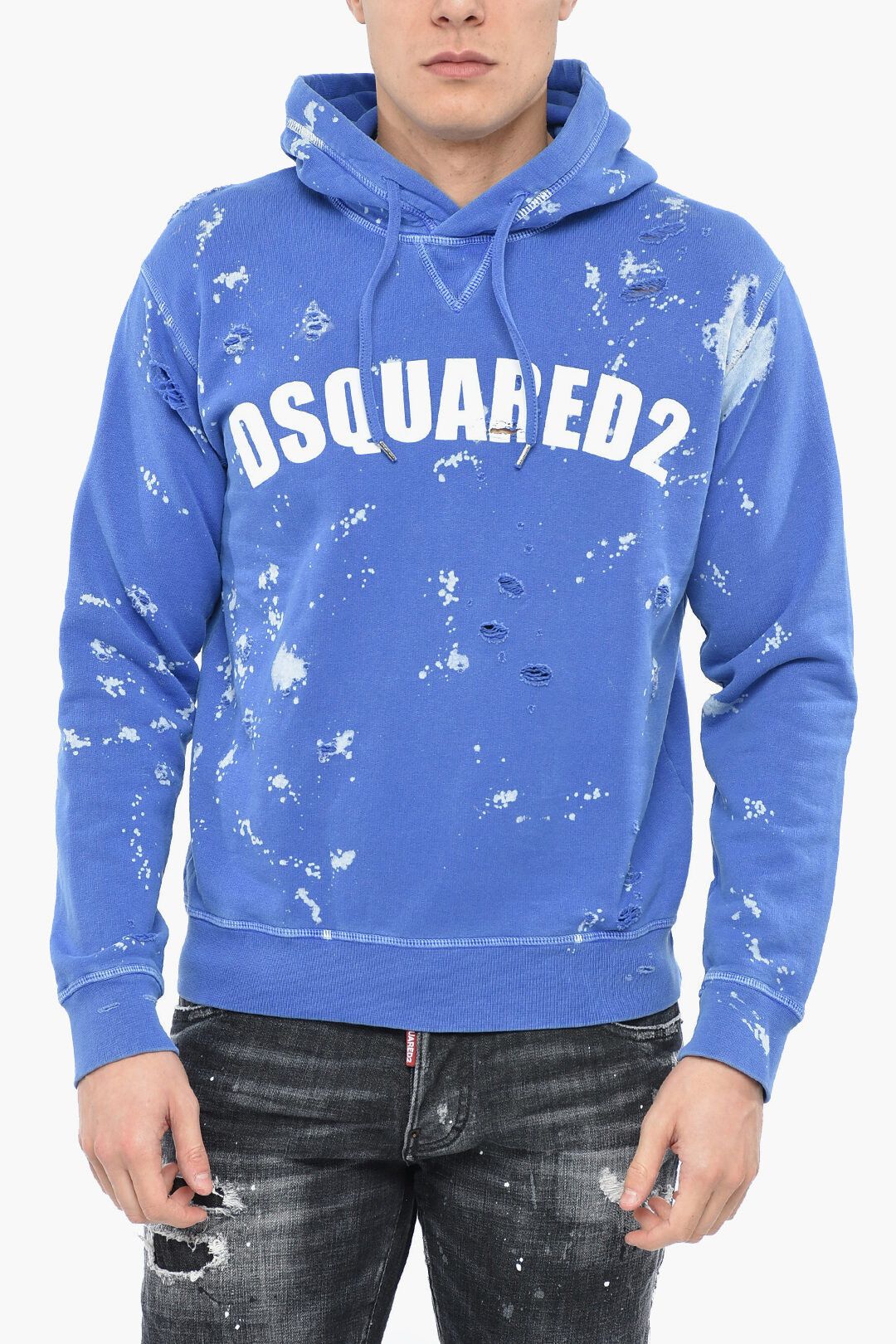 image of Dsquared2 Og1Mm0424 Distressed D2 Goth Foam Hoodie In Blue, Men's (Size 2XL)