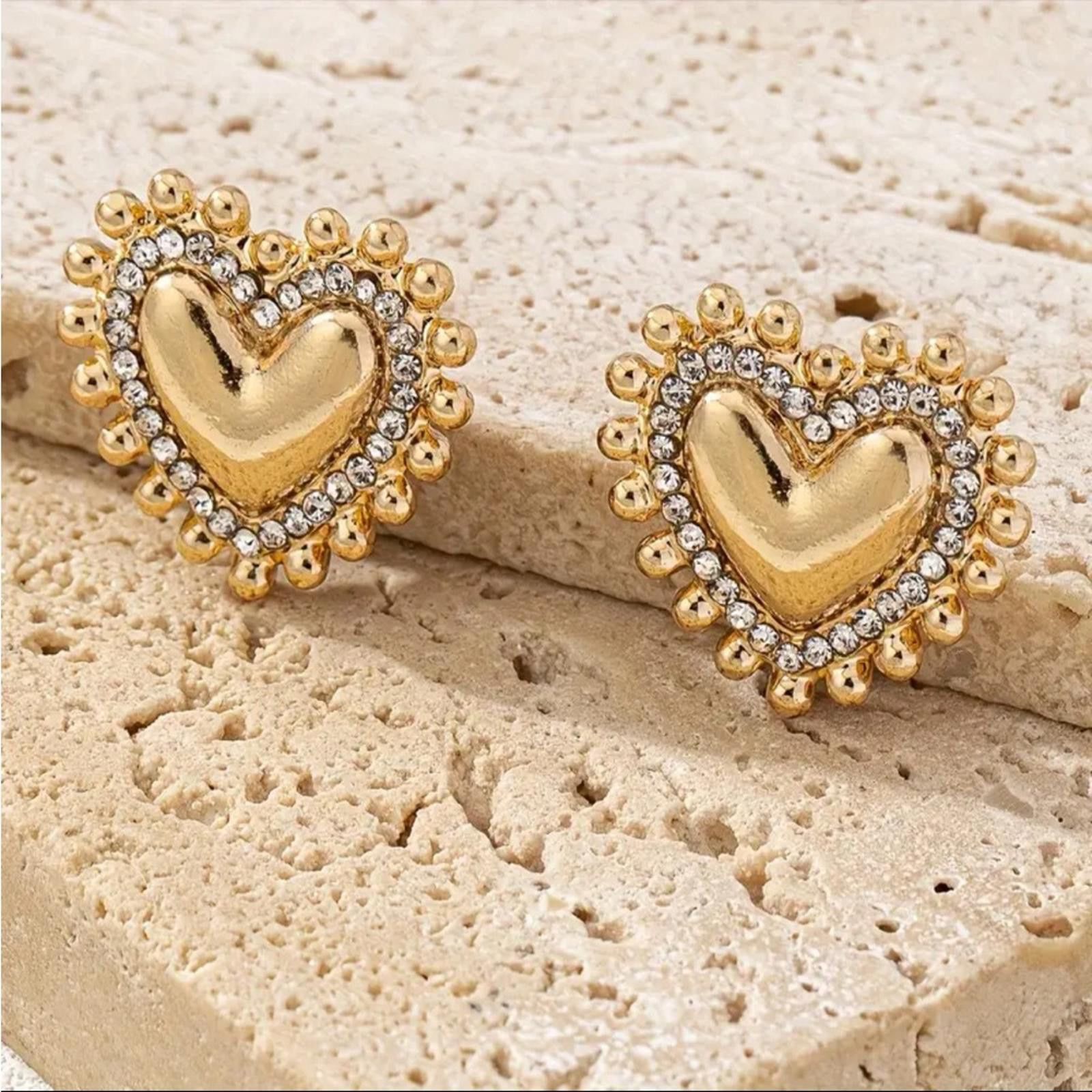 Designer Gold Plated Boho Chic Heart-Shaped Rhinestone Stud Earrings Size ONE SIZE - 1 Thumbnail