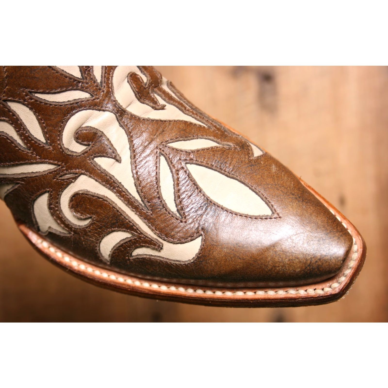 Vintage RL ROCKIN LEATHER Brown Beige Inlay 2.5" Wood Heel Western Cowgirl Boots Sz. 7B Size US 7 / IT 37 - 5 Thumbnail