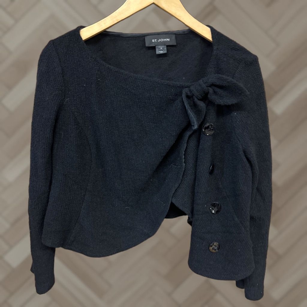 St. John St. John Collection Cardigan Womens 10 Black Bow V-Neck Long Sleeve Knit Full Zip Vintage: No Size L / US 10 / IT 46 - 1 Thumbnail