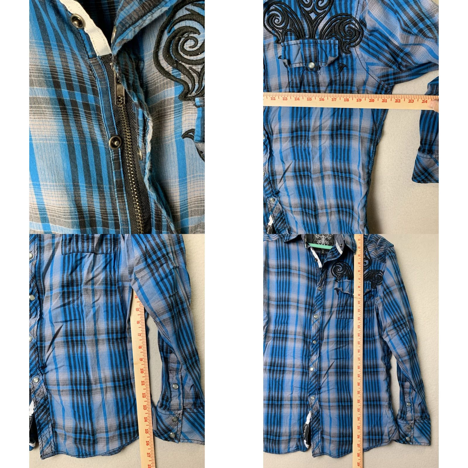 Roar Roar Benson Shirt Mens Large Blue Plaid Embroidered Zip Snap Button-Up Long Sleeve College Casual Vintage Style Fashion Grunge Rock 90s Mens Size US L / EU 52-54 / 3 - 8 Thumbnail