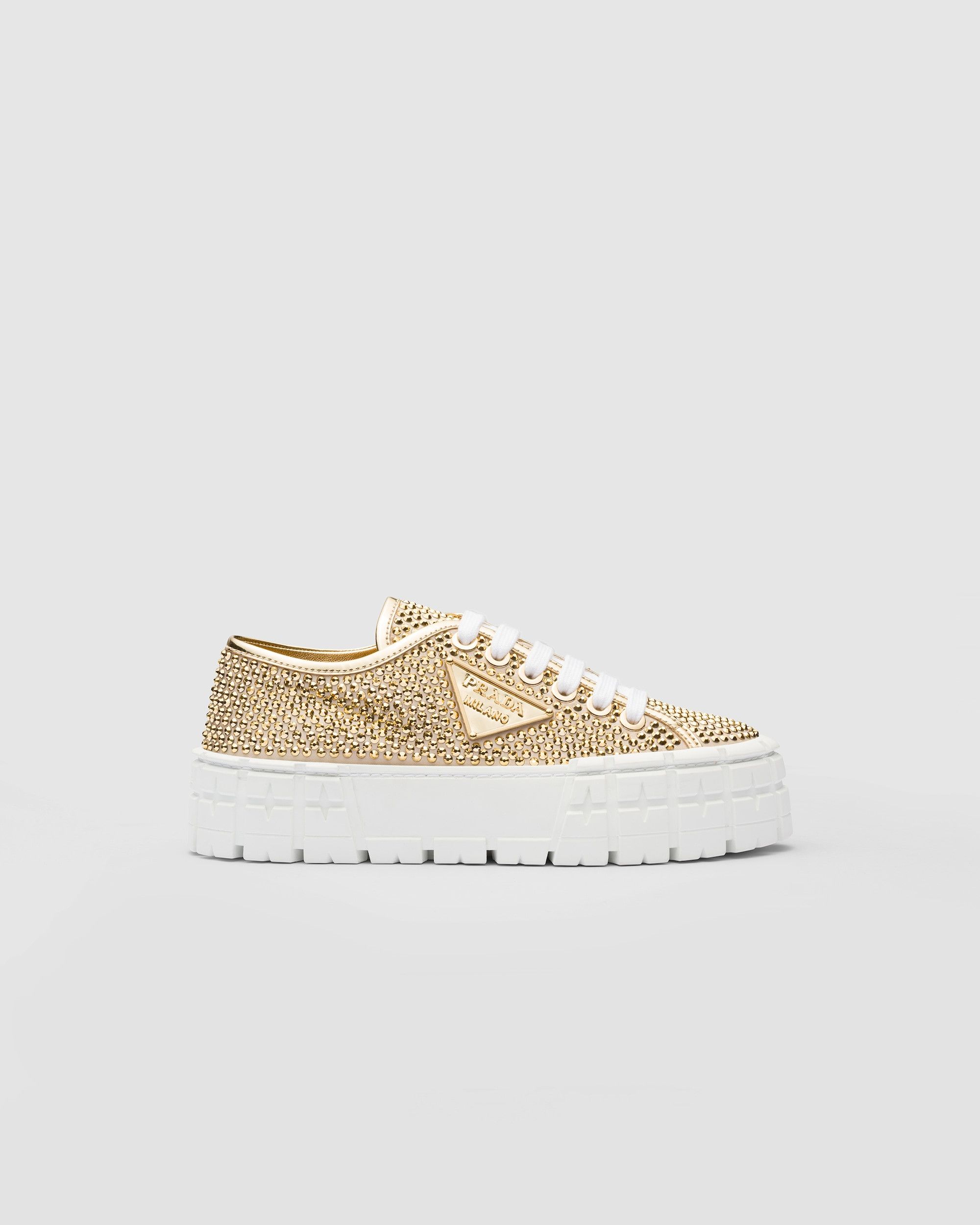Satin and leather sneakers with gold crystals