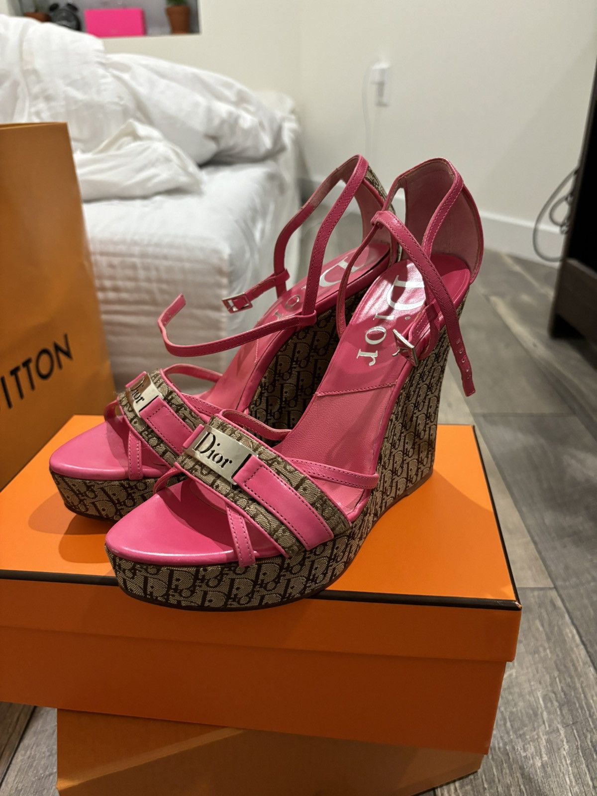 image of Dior Pink Leather And Canvas Diorissimo Wedge Sandals, Women's (Size 5)