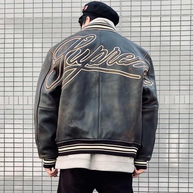 image of Supreme Worn Leather Varsity Jacket Black Medium, Men's