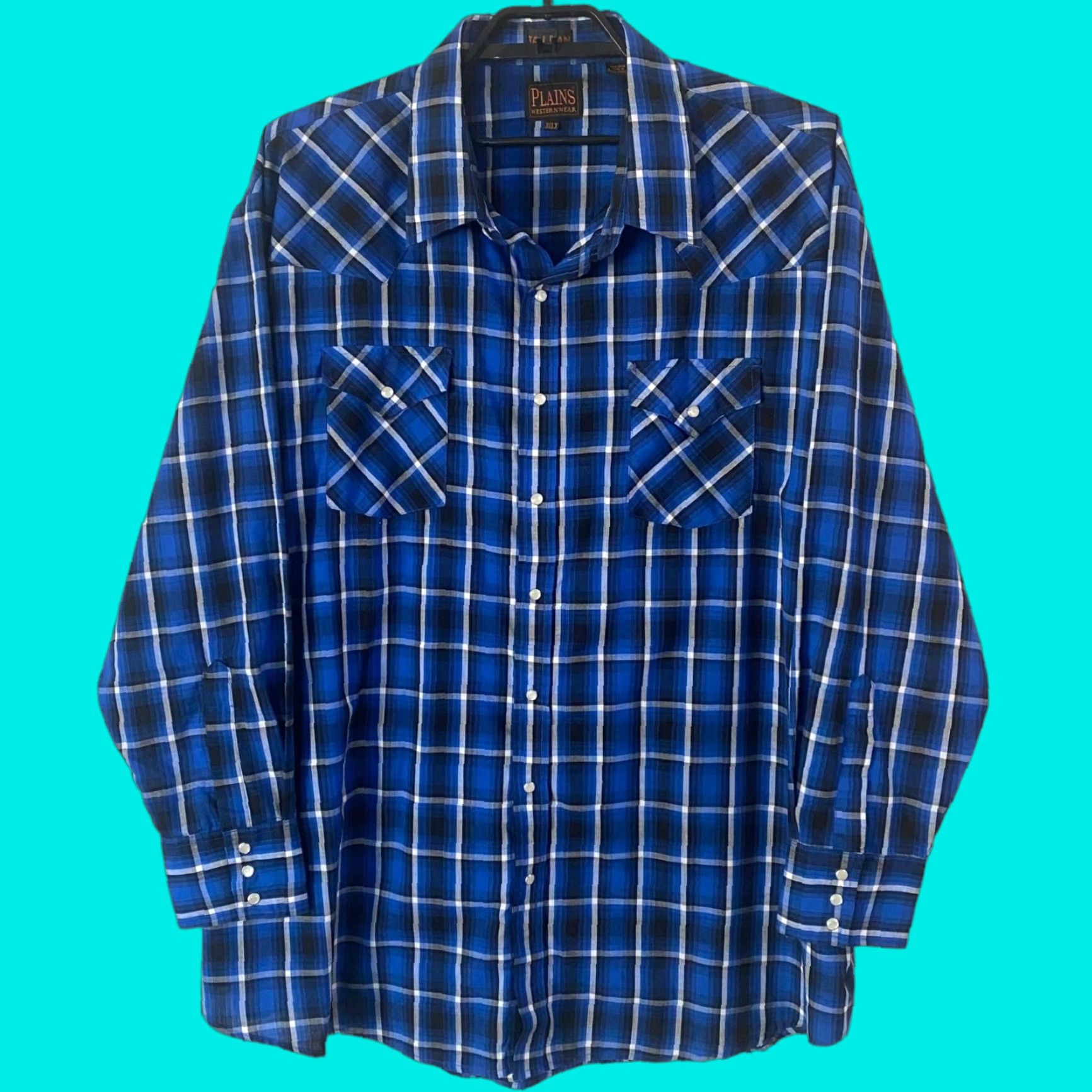 Vintage Plains Western Wear Button-Up Shirt Plaid Blue Long-Sleeve Mens 3XLT Snap Pocket Western Cotton Blend Swingo? Size US XXL / EU 58 / 5 - 1 Thumbnail