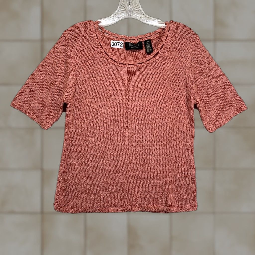 Vintage VINTAGE Dana Buchman Women's Blouse Petites Coral Short Sleeve Embellished 90s Summer Fashion Ladies Size M / US 6-8 / IT 42-44 - 1 Thumbnail