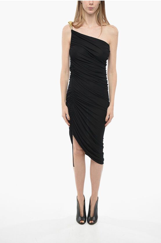 image of Bottega Veneta One-Shoulder Draped Dress With Gold-Tone Metal Detail in Black, Women's (Size Small)