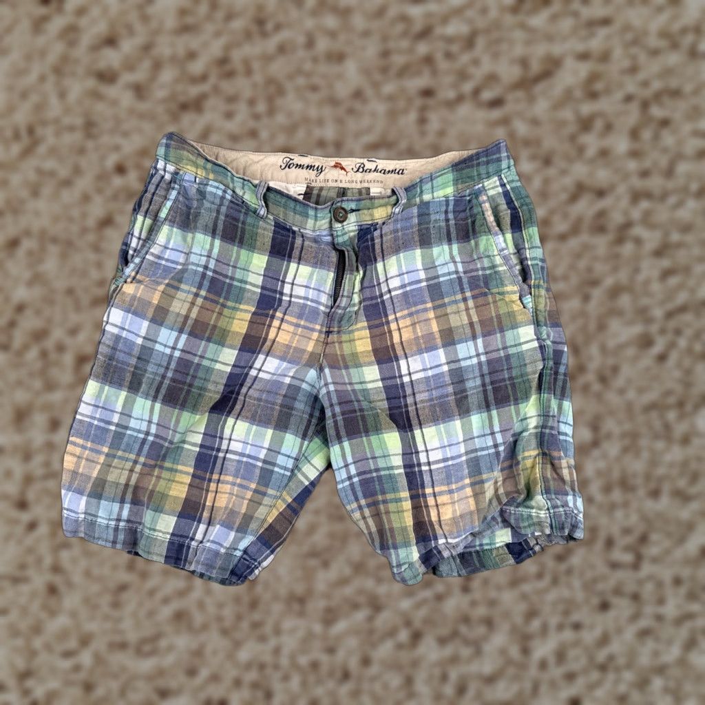 Tommy Bahama Tommy Bahama Shorts Men 33 Blue Plaid Linen Tencel Beach Resort 33x10 Chino Casual Travel Wallet Pockets Slim Relaxed Mens Size US 33 - 1 Thumbnail