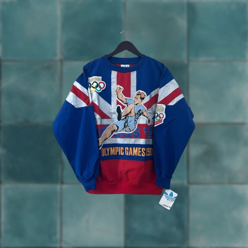 Adidas VINTAGE adidas London Olympics Sweatshirt Mens M Blue 80s Deadstock NWT NOS Retro Patch Front Back 28" Long 31" Across 18" Sleeves Size US M / EU 48-50 / 2 - 1 Thumbnail