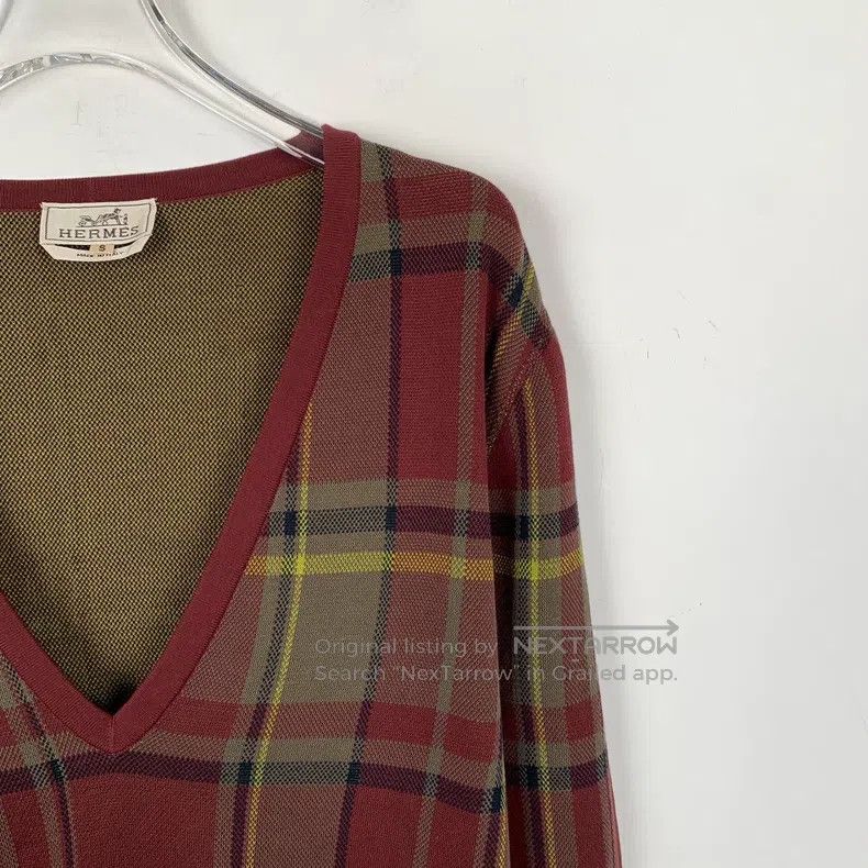 Hermes Hermes Color-blocked plaid cotton V-neck long-sleeve knit Size S / US 4 / IT 40 - 3 Thumbnail