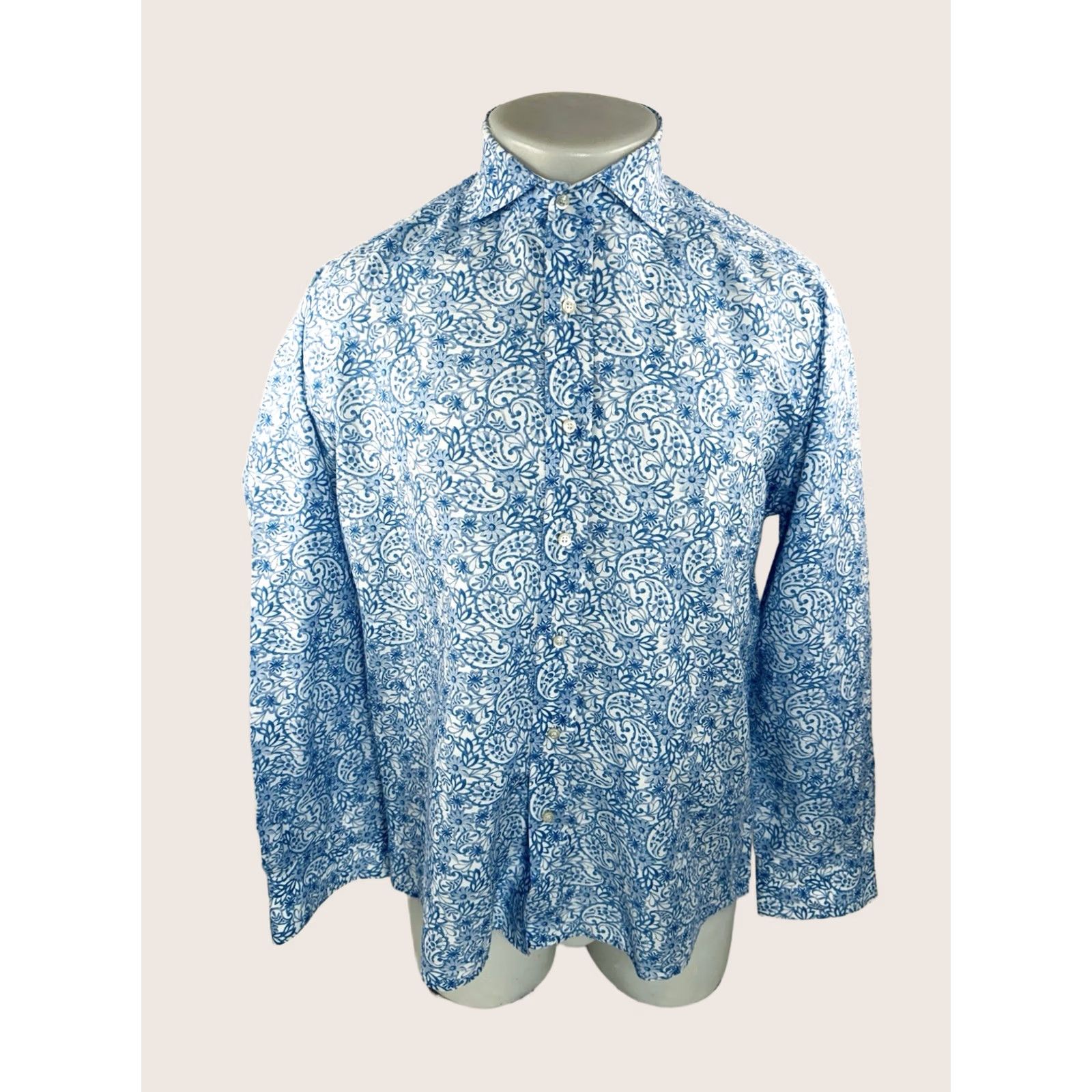 Vintage MIRTO 1956 - LINEN BLEND Paisley Floral Mens Shirt M Blue/White Long Sleeve Button-Up 3 / M Shirt Mens Linen Floral Mirto 1956 Shirt Size US M / EU 48-50 / 2 - 1 Thumbnail