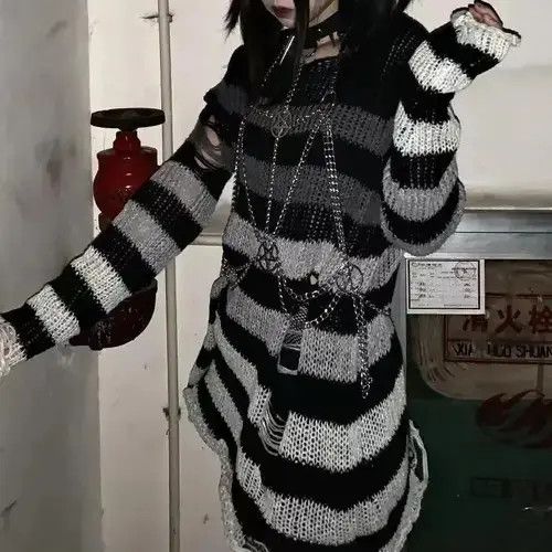 Vintage New Oversized Striped Design Goth Knitted Ripped Sweater Size ONE SIZE - 3 Thumbnail