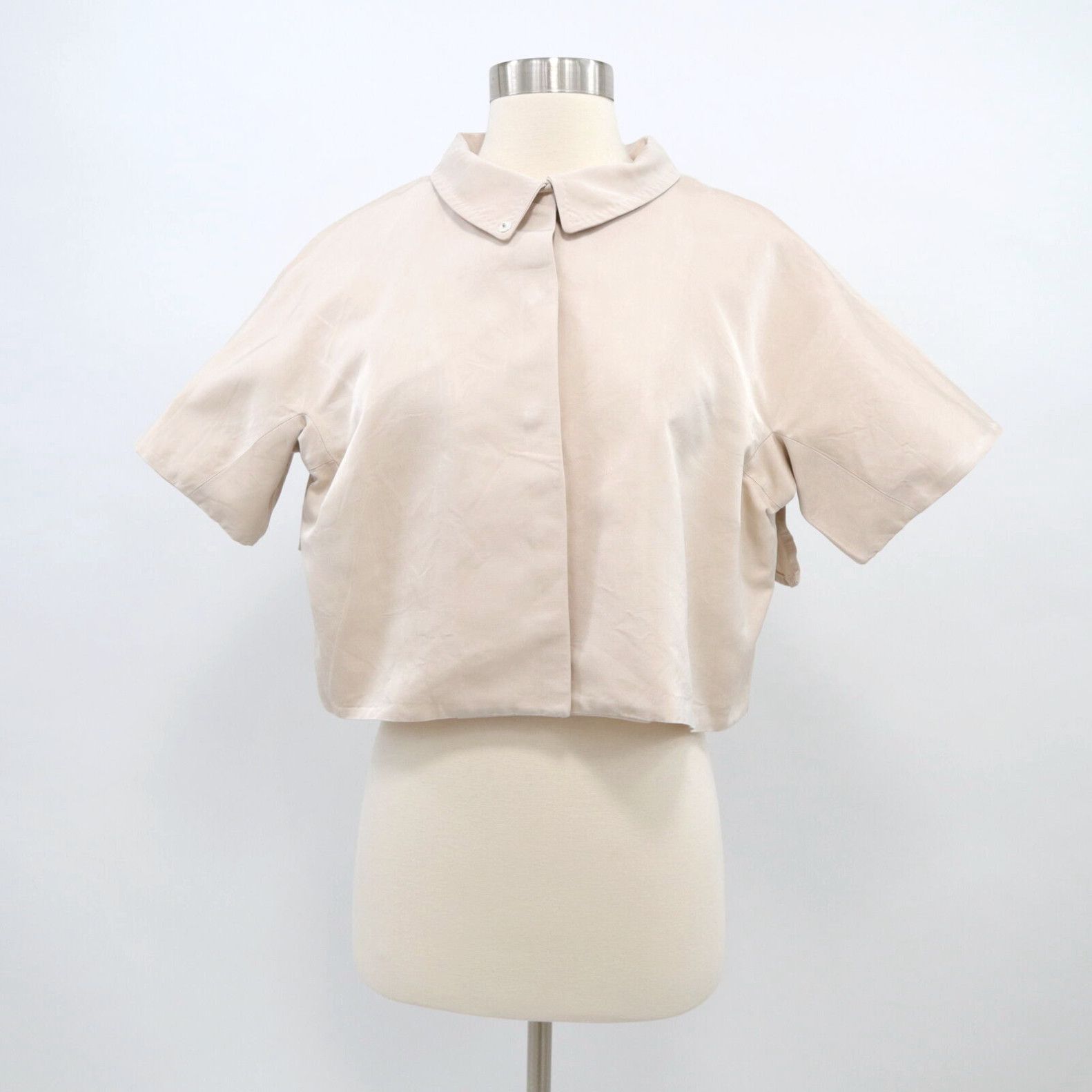 image of Bottega Veneta Cropped Blazer Jacket Womens S/m Beige Ruffle Back Short Sleeve in White (Size Mediu