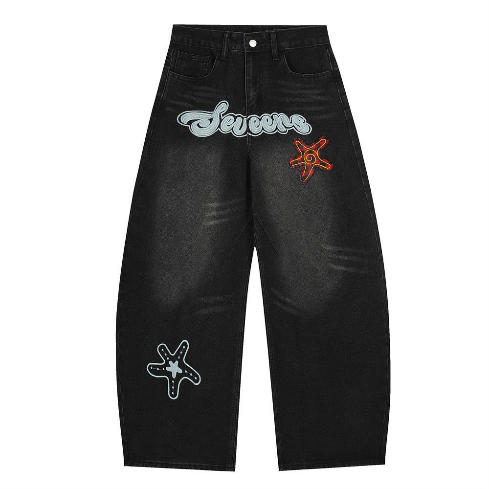 Men's embroidered loose washed distressed scimitar jeans