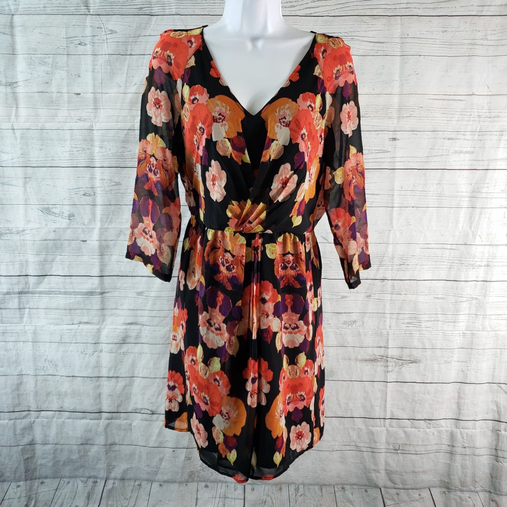 Vintage Broadway & Broome Womens Dress Size 4 Black Floral 3/4 Sleeve V-Neck Short Dress Size S / US 4 / IT 40 - 2 Thumbnail