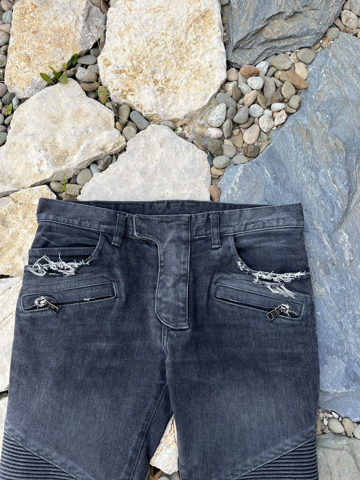 Balmain × Japanese Brand Balmain biker jeans pants 29 washed denim black distressed Size US 29 - 3 Thumbnail