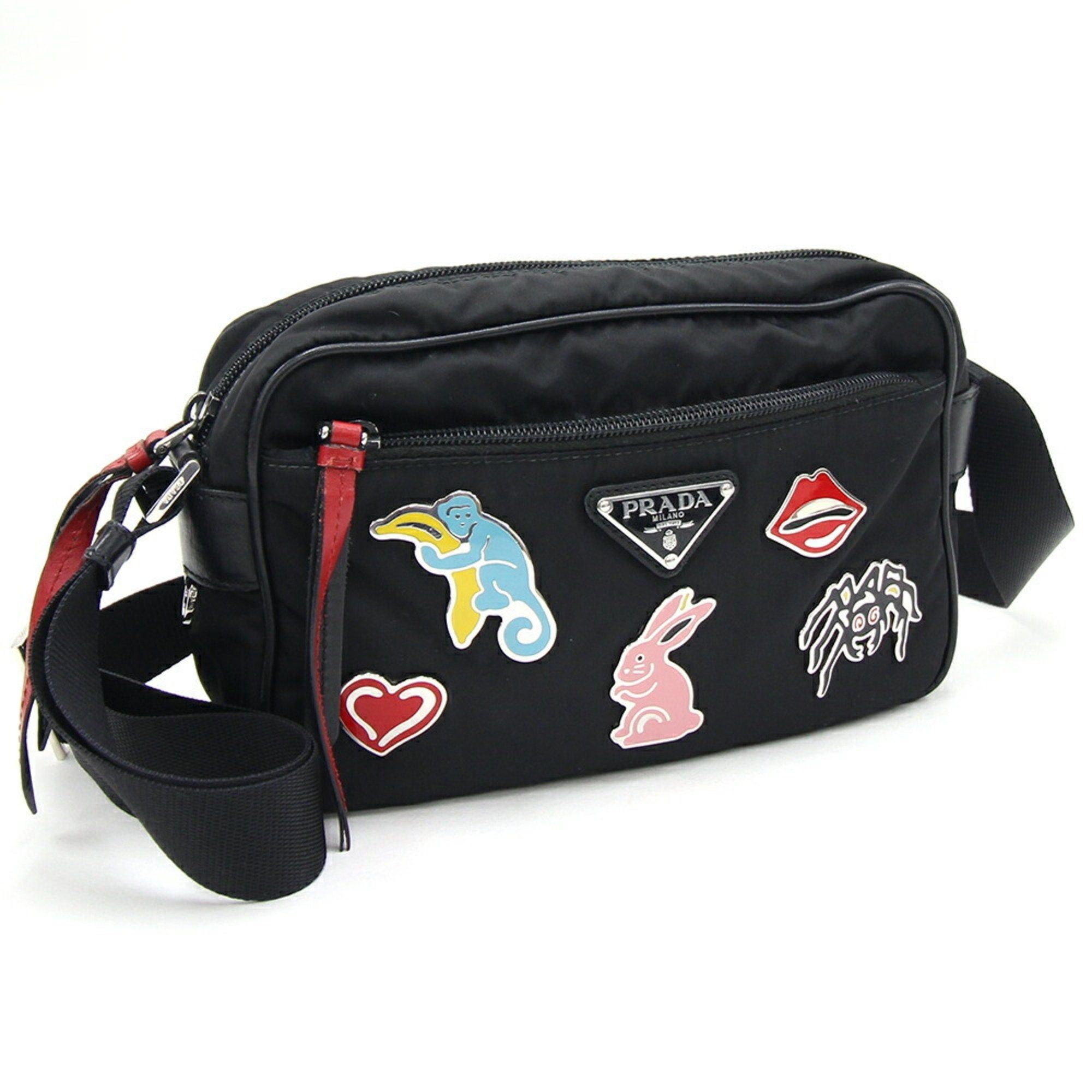 image of Prada Shoulder Bag 1Bc167 Black Nylon Leather Metal Applique Animal Heart Ladies, Women's