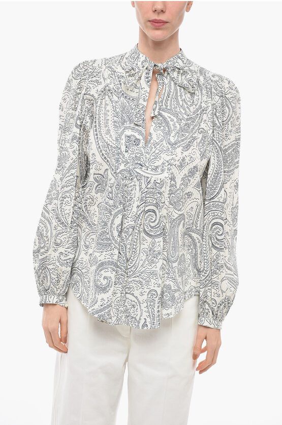 image of Etro Paisley Print Blouse With Ribbon Neckline in Bianco/Fantasia Astratta, Women's (Size Medium)