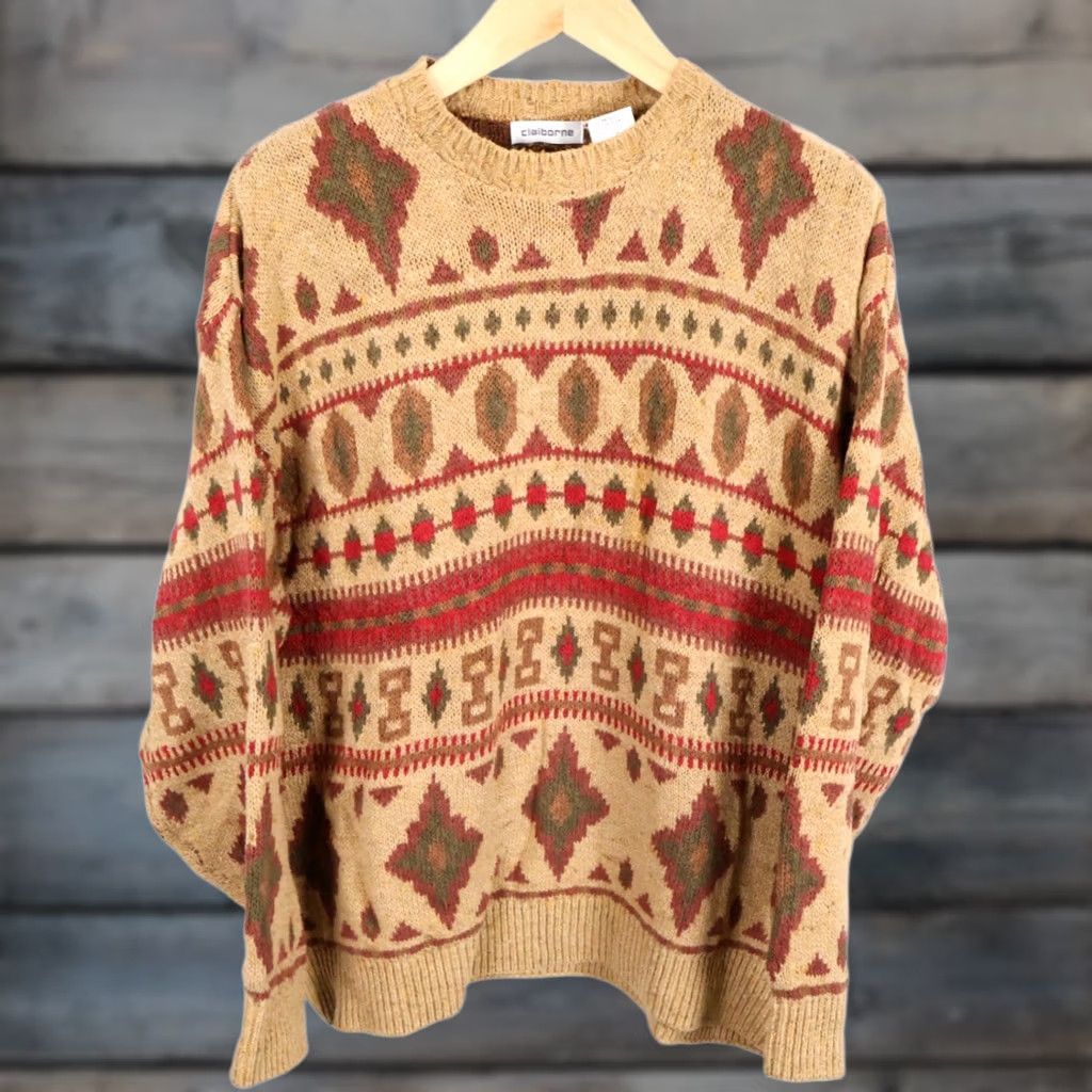 Liz Claiborne VINTAGE Claiborne Sweater Geometric Beige Cotton Knit Crew Neck Long Sleeve Pullover Women's Large 90s Tribal Hipster Oversized Mens Womens Girls Size L / US 10 / IT 46 - 1 Thumbnail