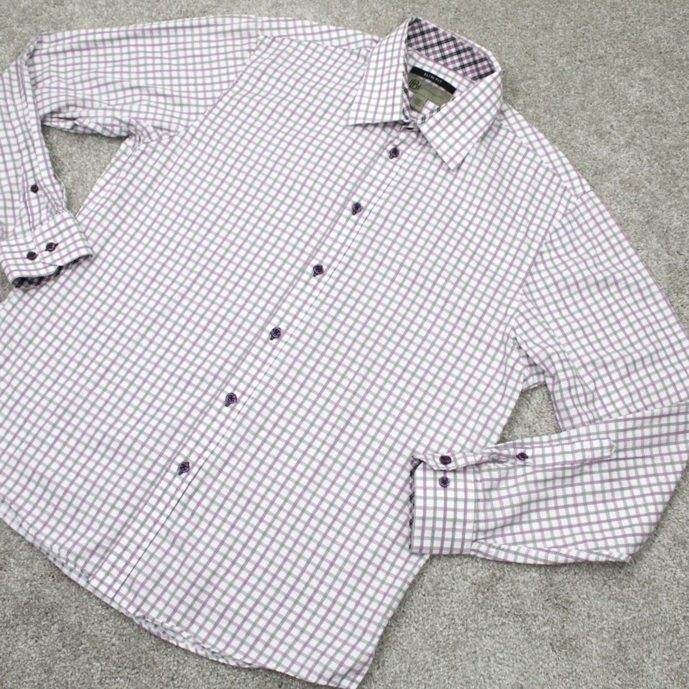 Vintage Jhane Barnes Shirt Mens Large Purple/Black/White Slim Fit 100% Cotton L/S Button-Down Shirt Size US L / EU 52-54 / 3 - 3 Thumbnail