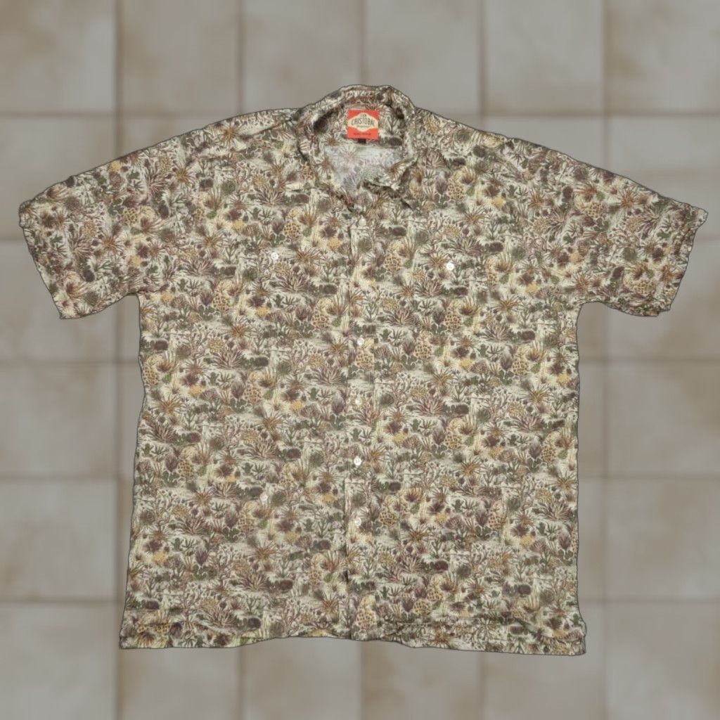 San Cristobal Button-Up Shirt Mens XL Brown Geometric Short Sleeve Casual