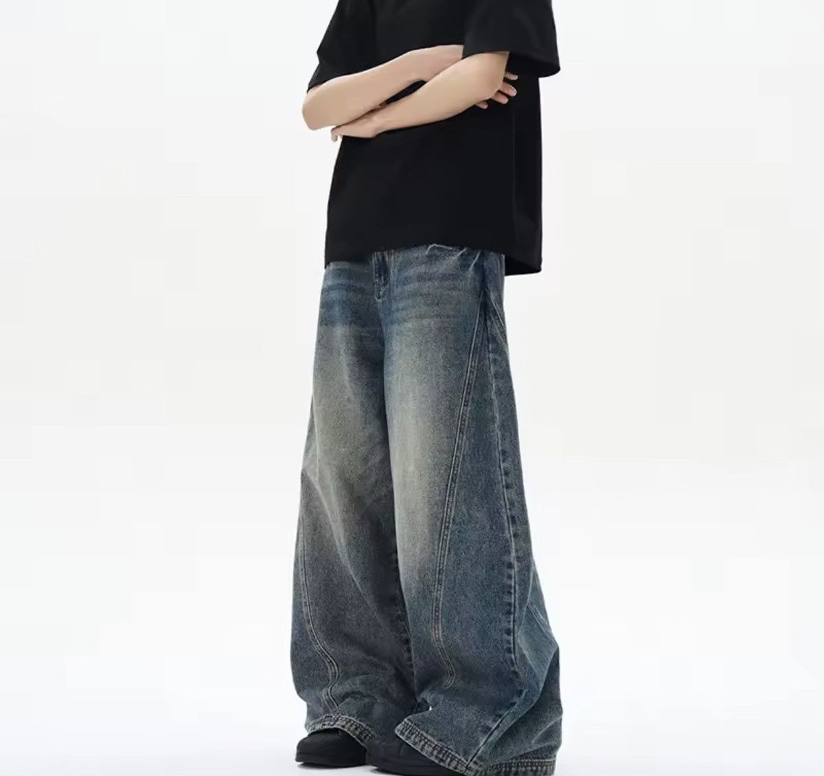 Japanese Brand Street Wash Distressed Men's Wide Leg Jeans Size US 29 - 1 Thumbnail