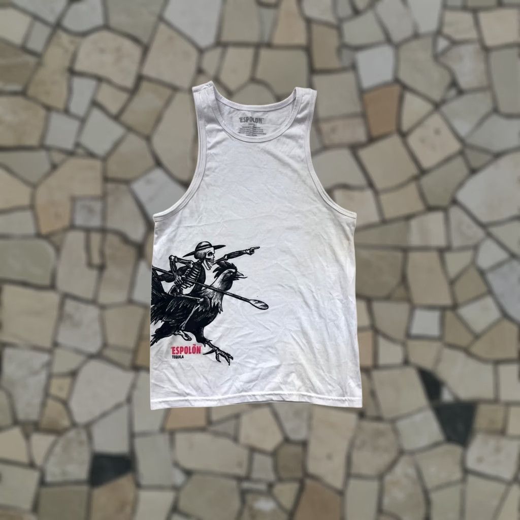 Vintage Espolón Tequila Skeleton Graphic White Tank Top S Mens Sleeveless T-Shirt Shirt Built-in Rooster Graphic White S Size US S / EU 44-46 / 1 - 1 Thumbnail