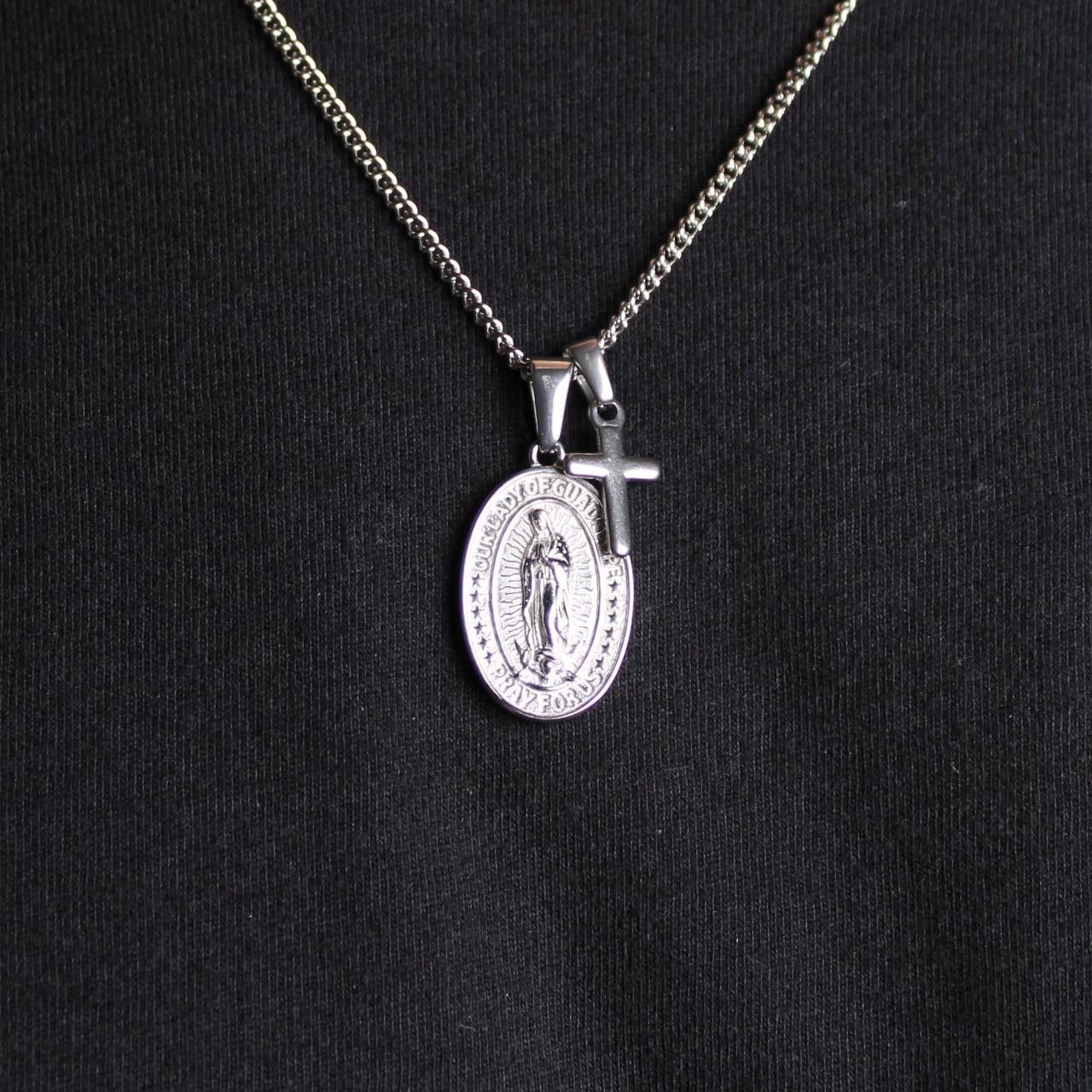 Jewelry Silver Lady of Guadalupe and Mini Cross Pendant Necklace Set Size ONE SIZE - 1 Thumbnail