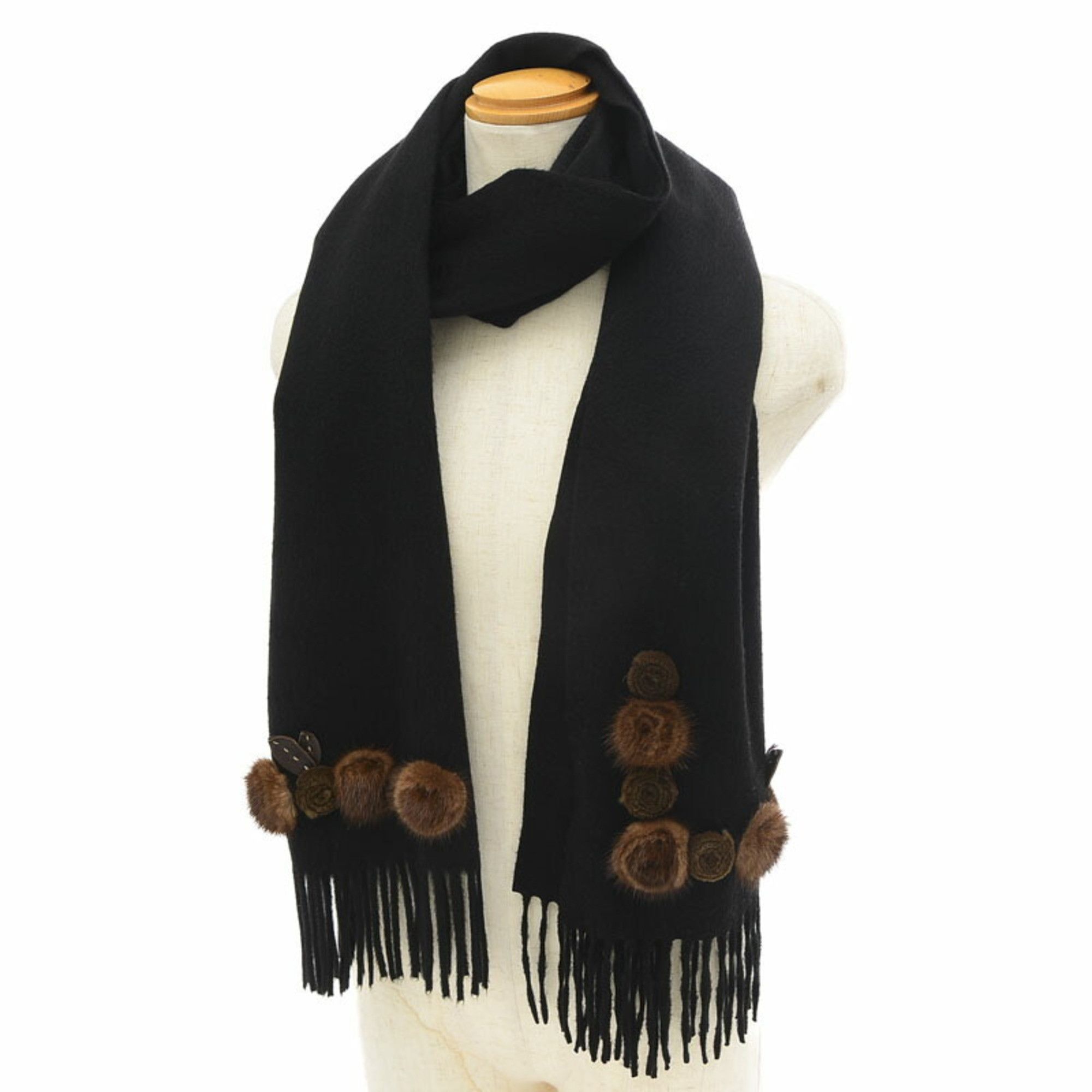image of Fendi Stole Scarf Flower Motif Black 100% Cashmere, Women's