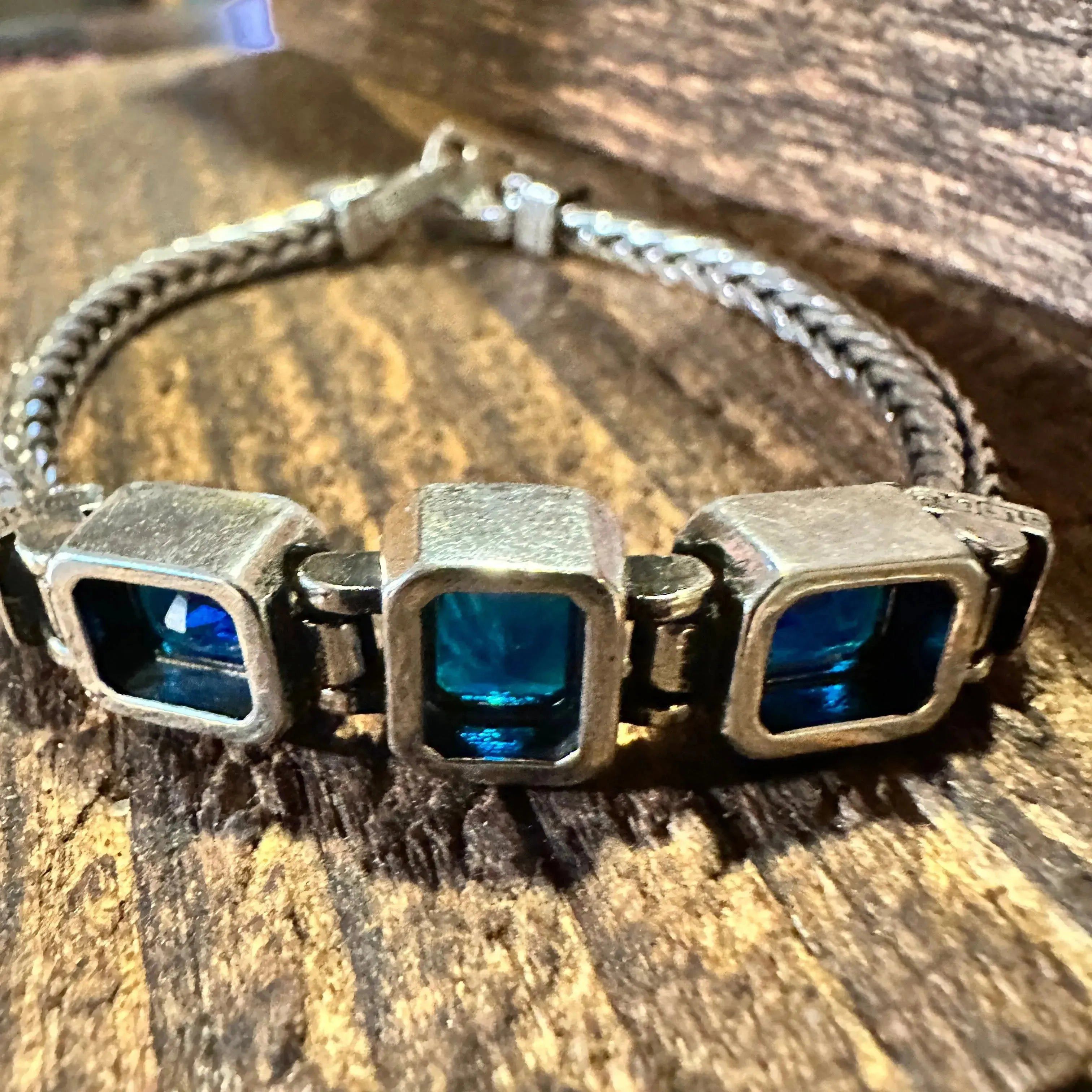 Other Boho Chic Woven Retro Blue Three Crystal CZ Bracelet, Lobste Size ONE SIZE - 1 Thumbnail