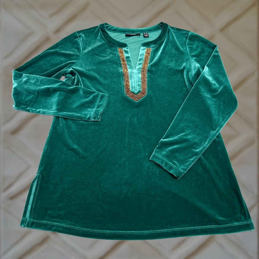 Vintage Susan Graver Blouse Tunic Womens XSP Emerald Green Velvet Beaded V-Neck Long Sleeve Bohemian Pattern Solid Striped? Size XS / US 0-2 / IT 36-38 - 1 Thumbnail