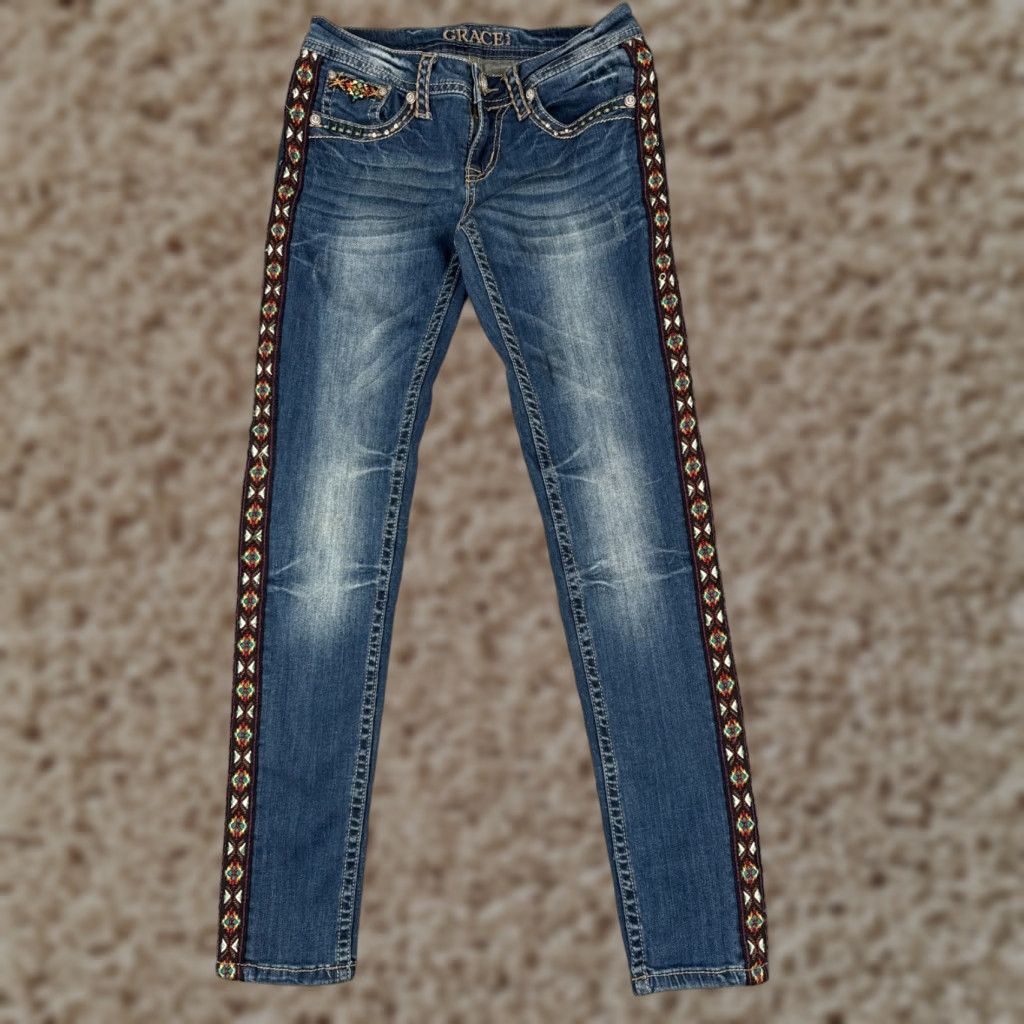 Grace in LA Grace In LA Jeans Women 26 Blue Denim Skinny Guitar Strap Southwest Native 29L Size 26" / US 2 / IT 38 - 1 Thumbnail