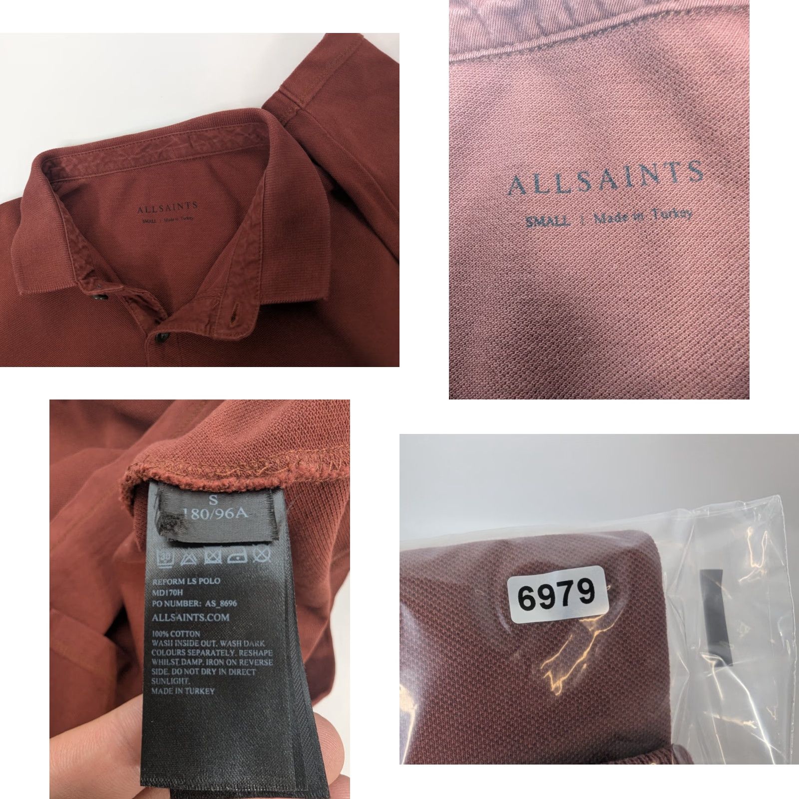 Allsaints AllSaints Polo Shirt Mens Long Sleeve Burgundy Cotton Logo Size US S / EU 44-46 / 1 - 8 Thumbnail