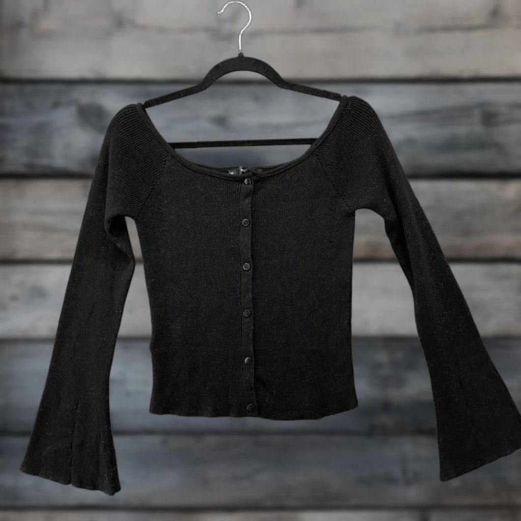 Mango MNG Mango Off Shoulder Flare Sleeve Cardigan Womens XL Black Metallic Size XL / US 12-14 / IT 48-50 - 1 Thumbnail