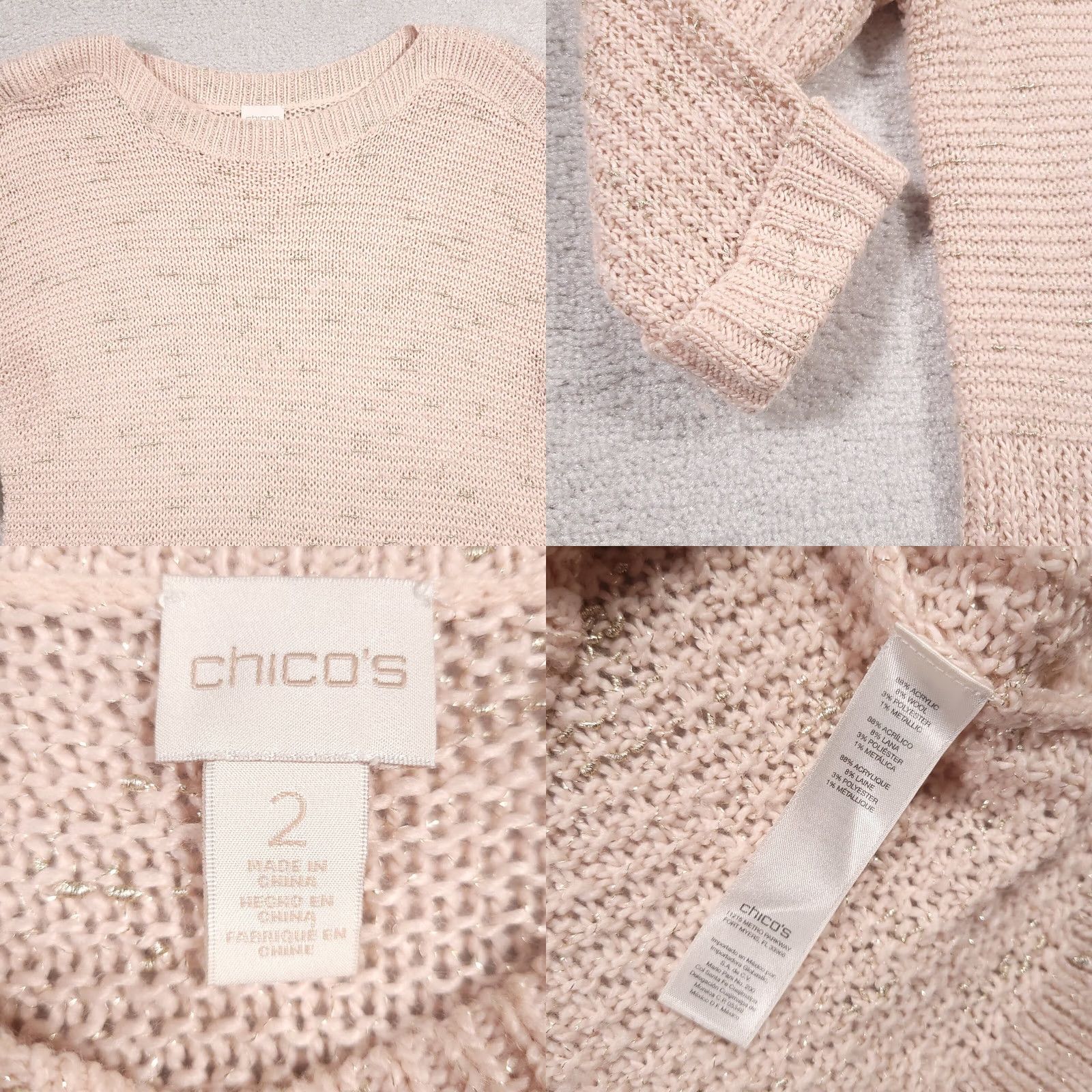 Vintage Chico's Pink Metallic Wool Blend Tunic Sweater Large - 3/4 Sleeve Knit Round Neck Womens Size L Size L / US 10 / IT 46 - 8 Thumbnail