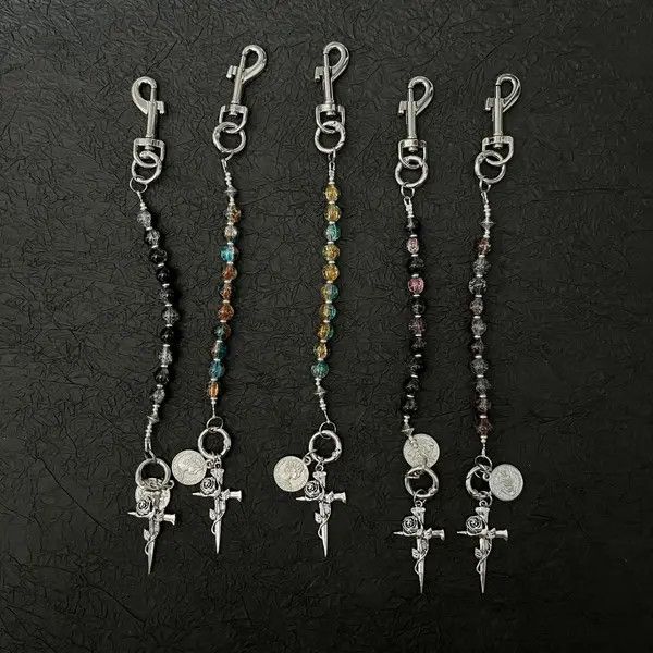 Jewelry Silver Beaded Keychain with Rose and Dagger Charms Size ONE SIZE - 2 Thumbnail