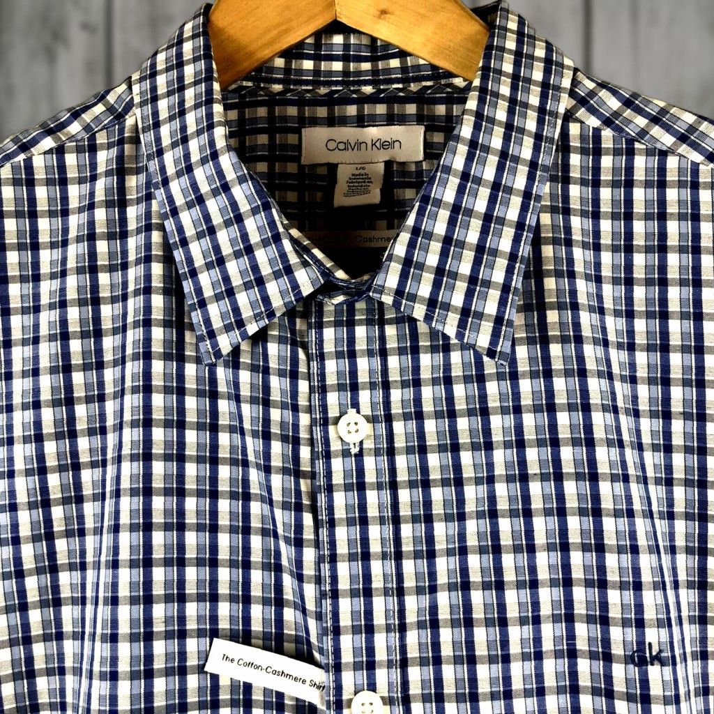CALVIN KLEIN Shirt Mens XXL The Cotton Cashmere Blue Plaid Long Sleeve 2XL Button-Up Casual Mens