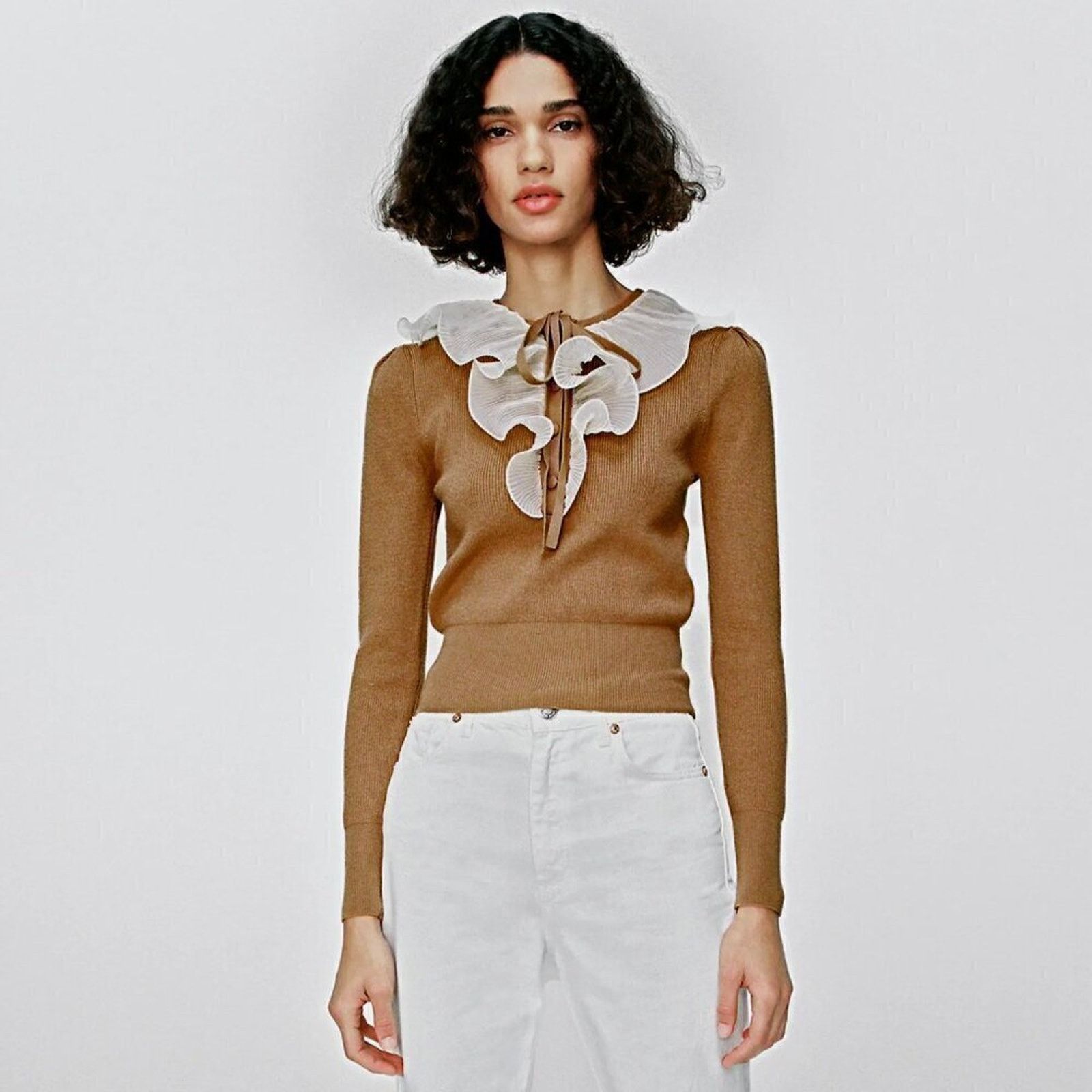 Zara ZARA Brown Knit Ruffle Top NWT Size M / US 6-8 / IT 42-44 - 7 Thumbnail