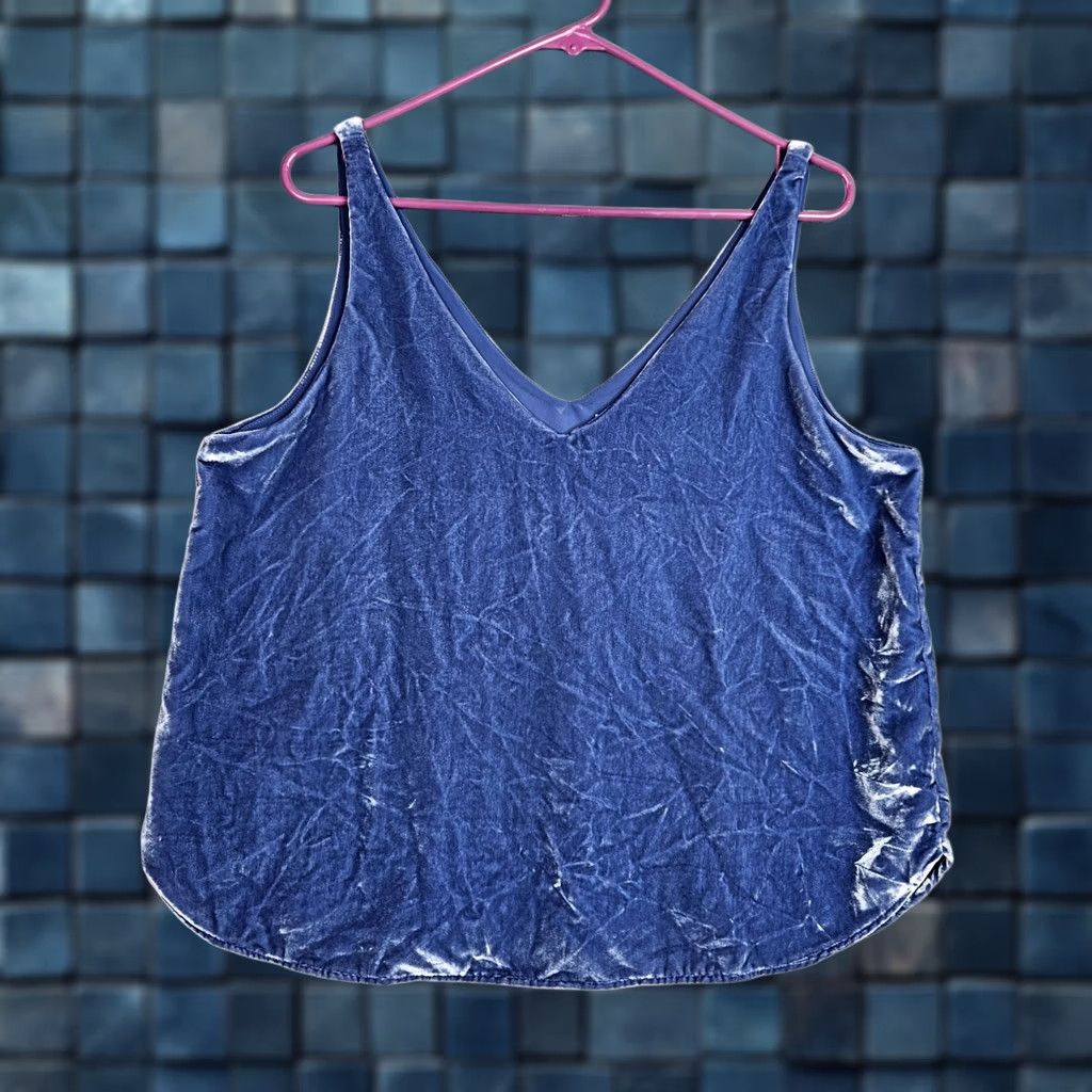Ann Taylor Loft Ann Taylor Women's Blue Velvet V-Neck Tank Top PL Petite NEW Velvet Tank Top with Nylon-Viscose Blend Blue Size L / US 10 / IT 46 - 1 Thumbnail
