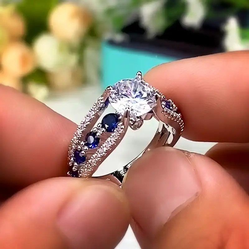 Designer × Jewelry Rings Women Blue/White Round CZ Novel Designed Size ONE SIZE - 1 Thumbnail
