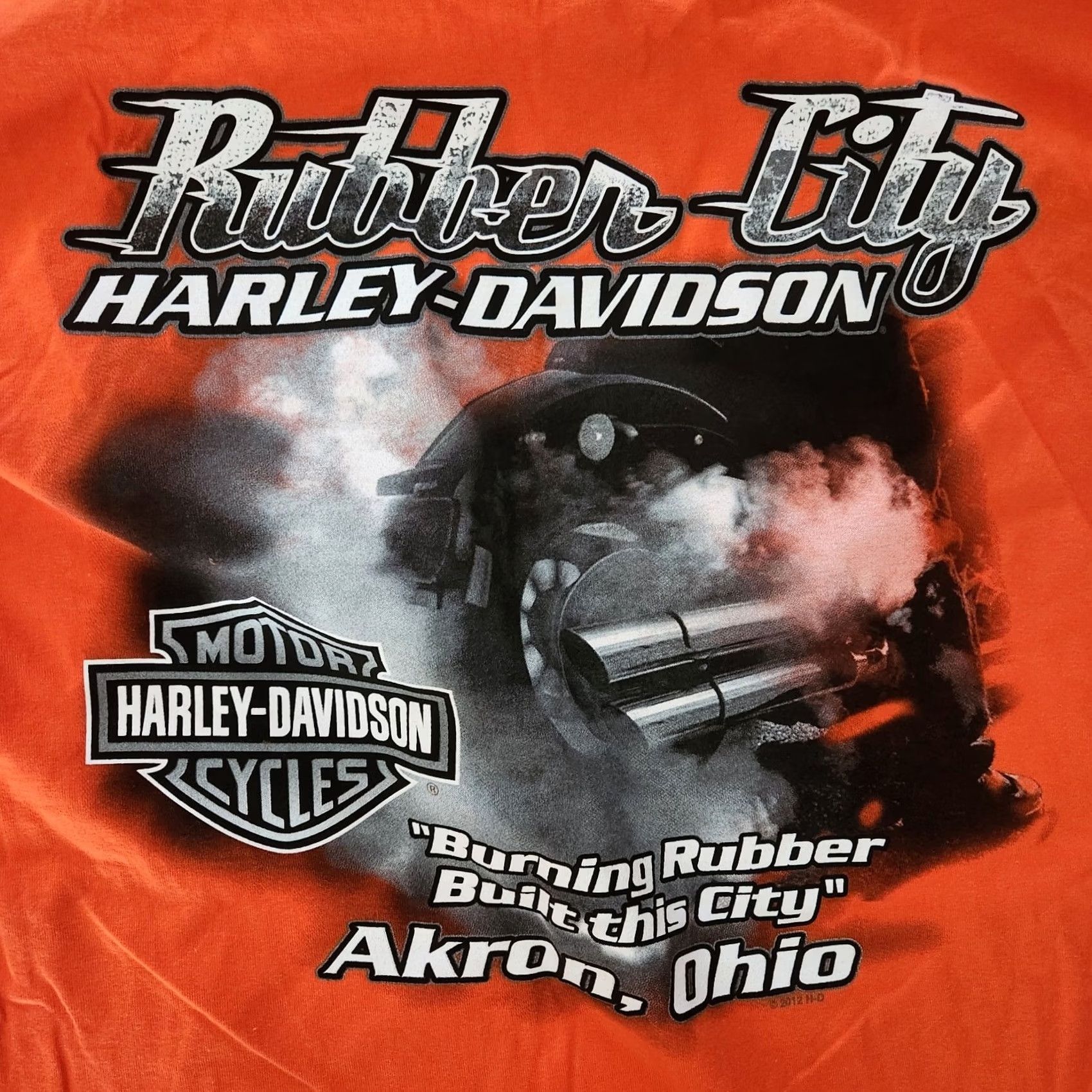 Harley Davidson Harley-Davidson T Shirt Tee Mens Large Orange Akron Ohio Biker Graphic Print Logo Short Sleeve Crew Neck Cotton Polyester 2010-2019 Vintage No Mens Size US L / EU 52-54 / 3 - 2 Thumbnail