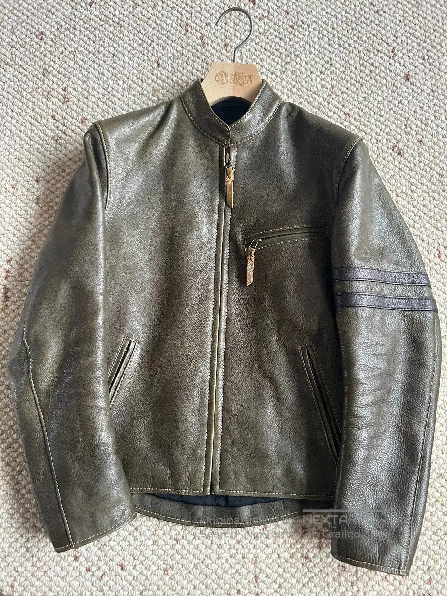 Japanese Brand olive green leather motorcycle jacket. Size US M / EU 48-50 / 2 - 1 Thumbnail
