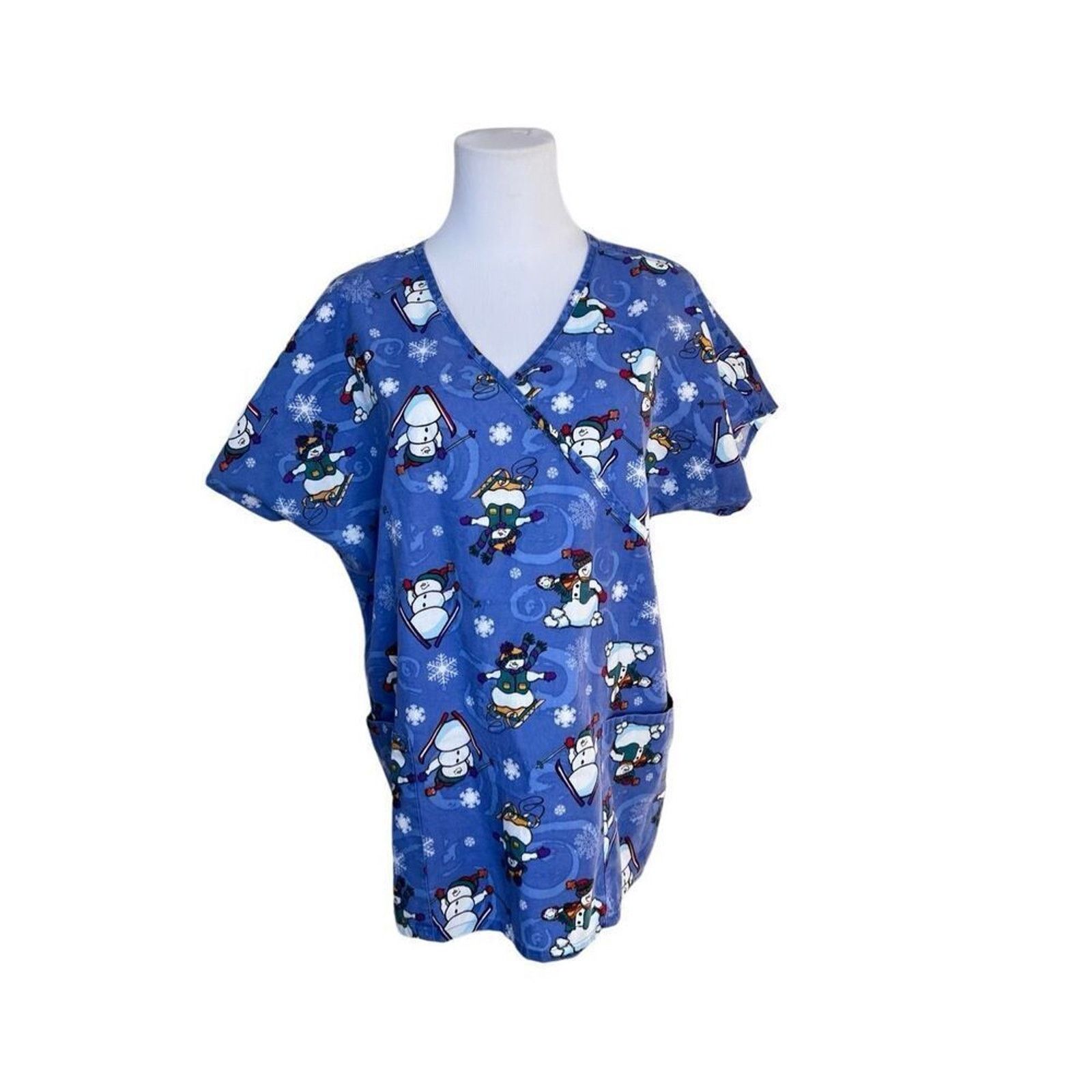 Other JIJ Scrubs Blue Snowman Snowflake Scrub Medical Top LARGE Size L / US 10 / IT 46 - 1 Thumbnail