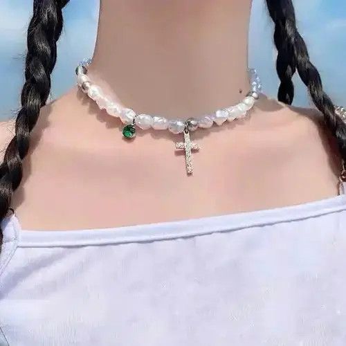 Jewelry Pearl Cross Necklace Casual Chain Jewelry Imitation Bead Size ONE SIZE - 2 Thumbnail