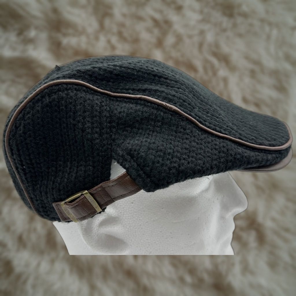 Etro Love Jeans Newsboy Hat Cap Retro Black Knit Faux Leather Trim Adjustable Men Casual Newsboy Cap Black Vintage No Size US 35 - 1 Thumbnail
